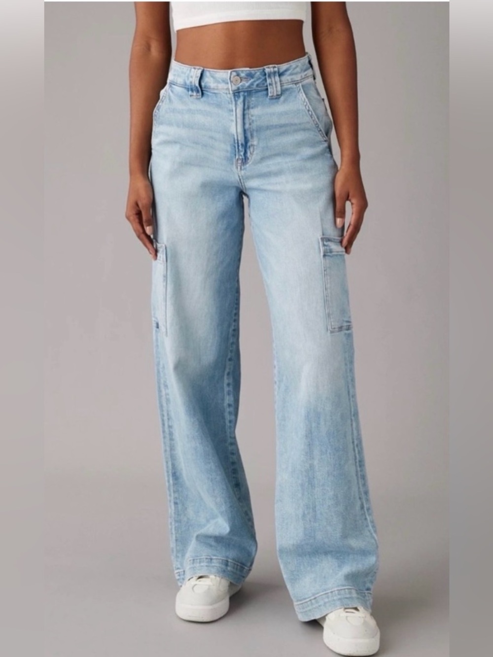 American Eagle Light Blue Dreamy Drape Stretch Cargo Baggy Wide Leg Jean